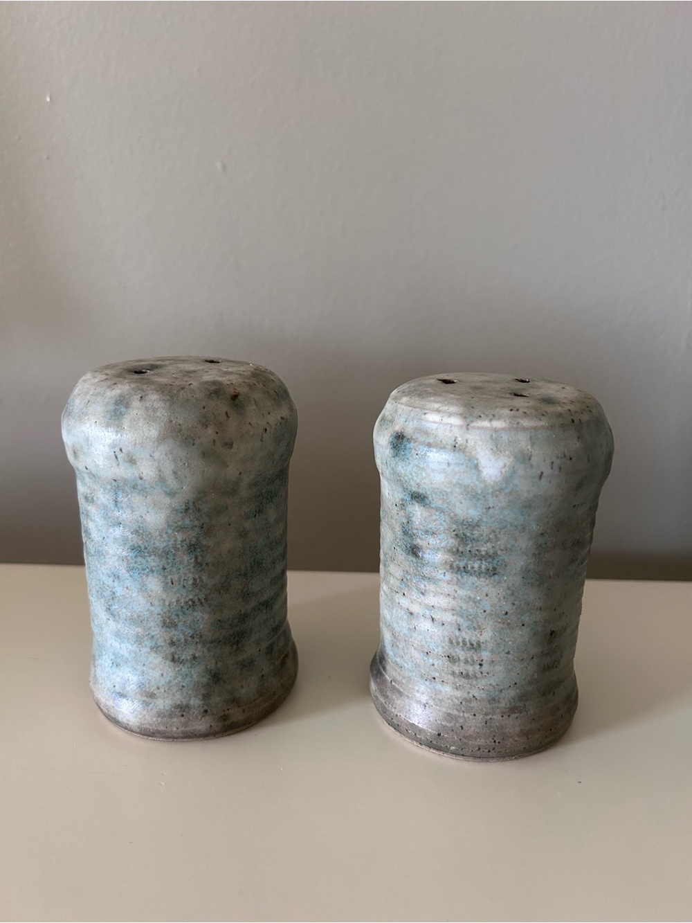 VTG Peter's Pottery Large Salt and Pepper Shakers Signed Dirty Jade Mississippi